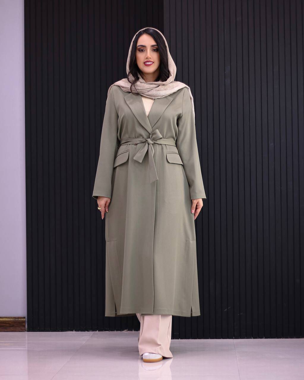 مانتو یقه انگلیسی کمربند دار سایه