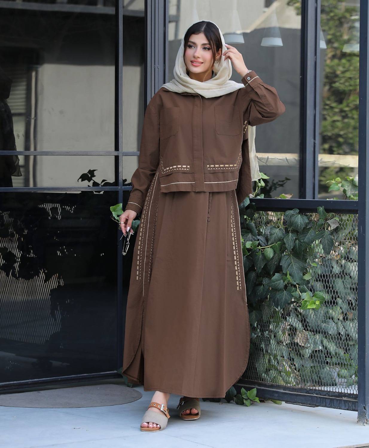 ست دو تیکه کراپ و دامن لینن صدف