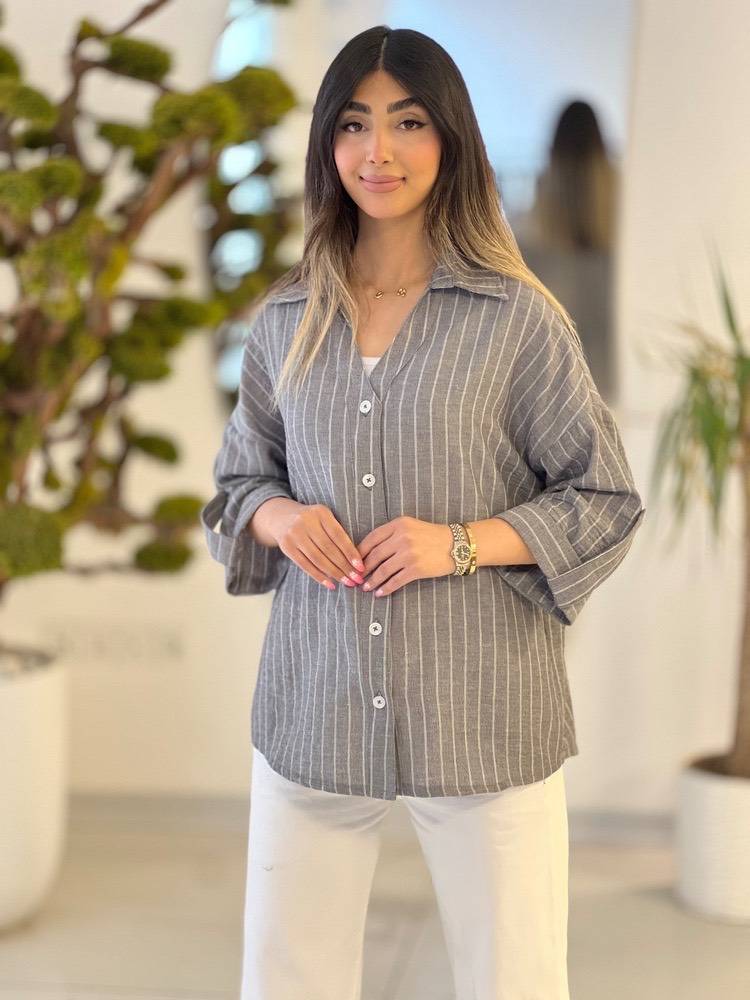 شومیز لینن راه راه نیلای