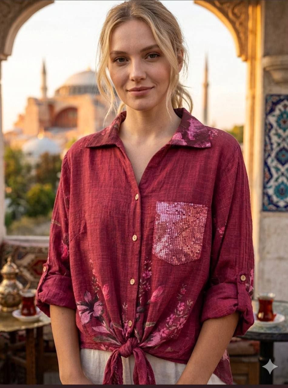 شومیز لینن ایتالیایی جلو گره وارداتی ترک