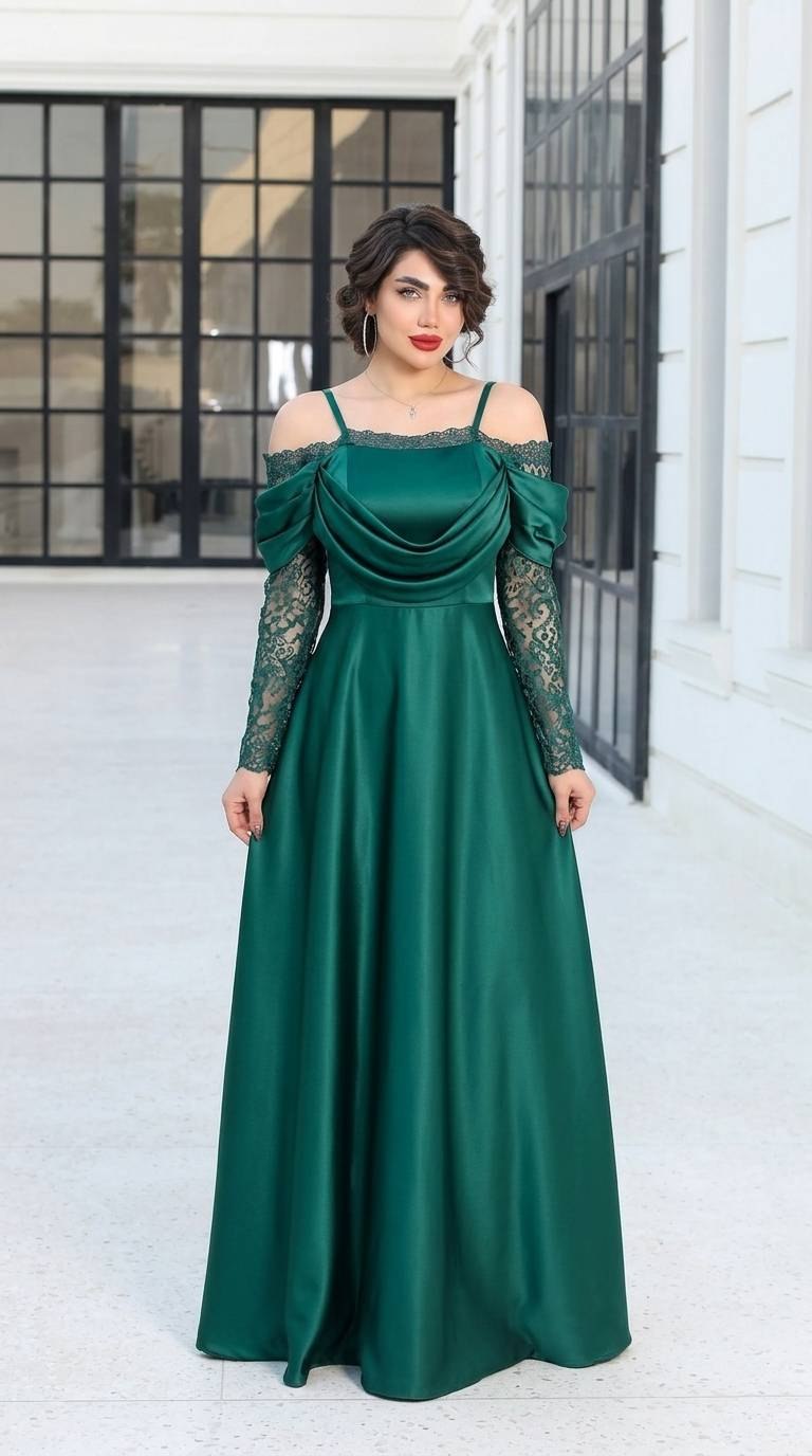 پیراهن مجلسی ساتن سرشانه افتاده پرنسا